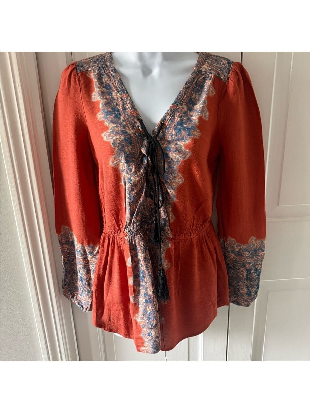 Free People Persimmon Bohemian Lace-Up Tunic with Blue Paisley Trim Small/Petite